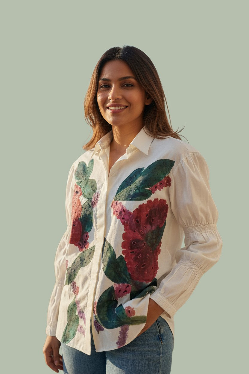 Canvas Bloom Hand-Painted Cotton Shirt | Ankyra by Priyanka Kakkar