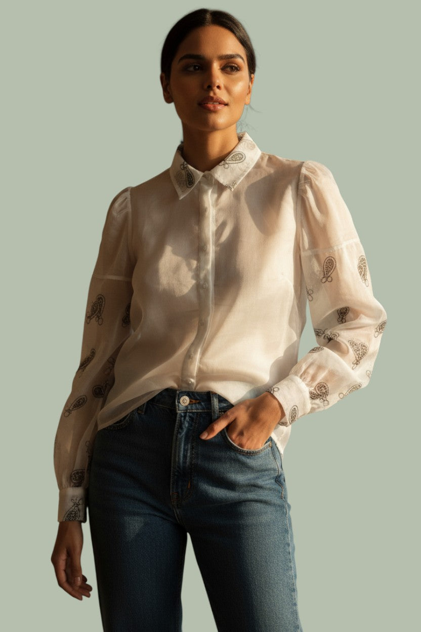 Sheer Embroidered Organza Shirt